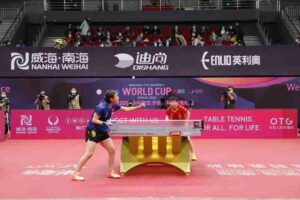 Chen Meng on serve the final against Sun YingshaSun at the 2020 Women`s World Cup